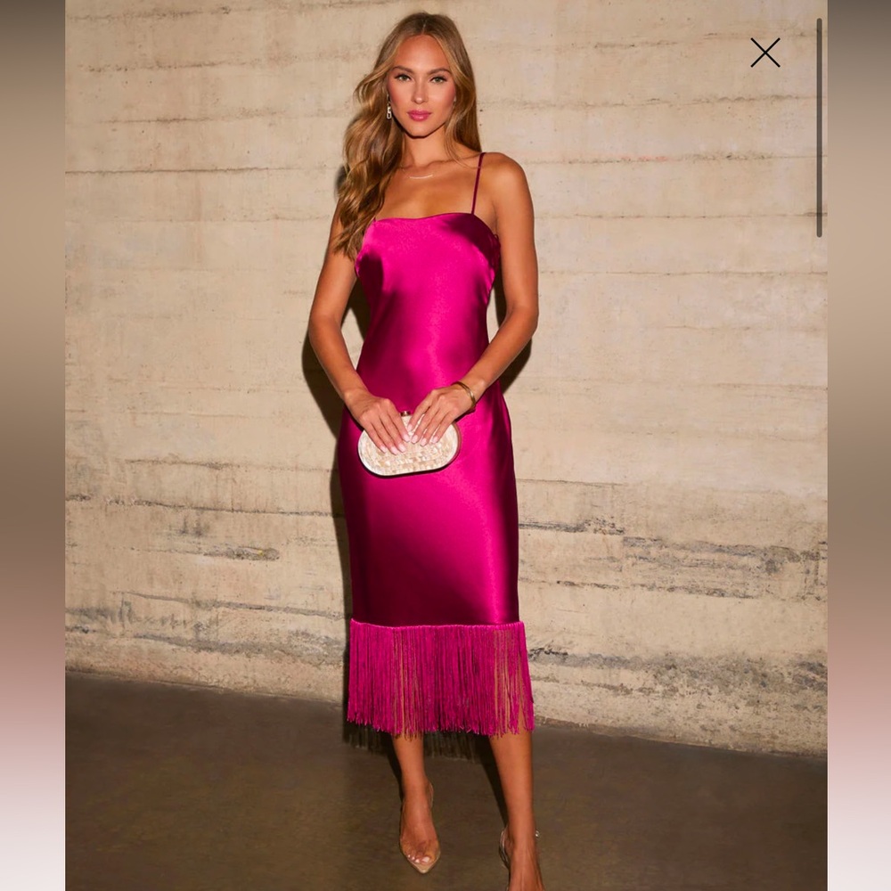 Tina Satin Fringe Trim Midi Dress